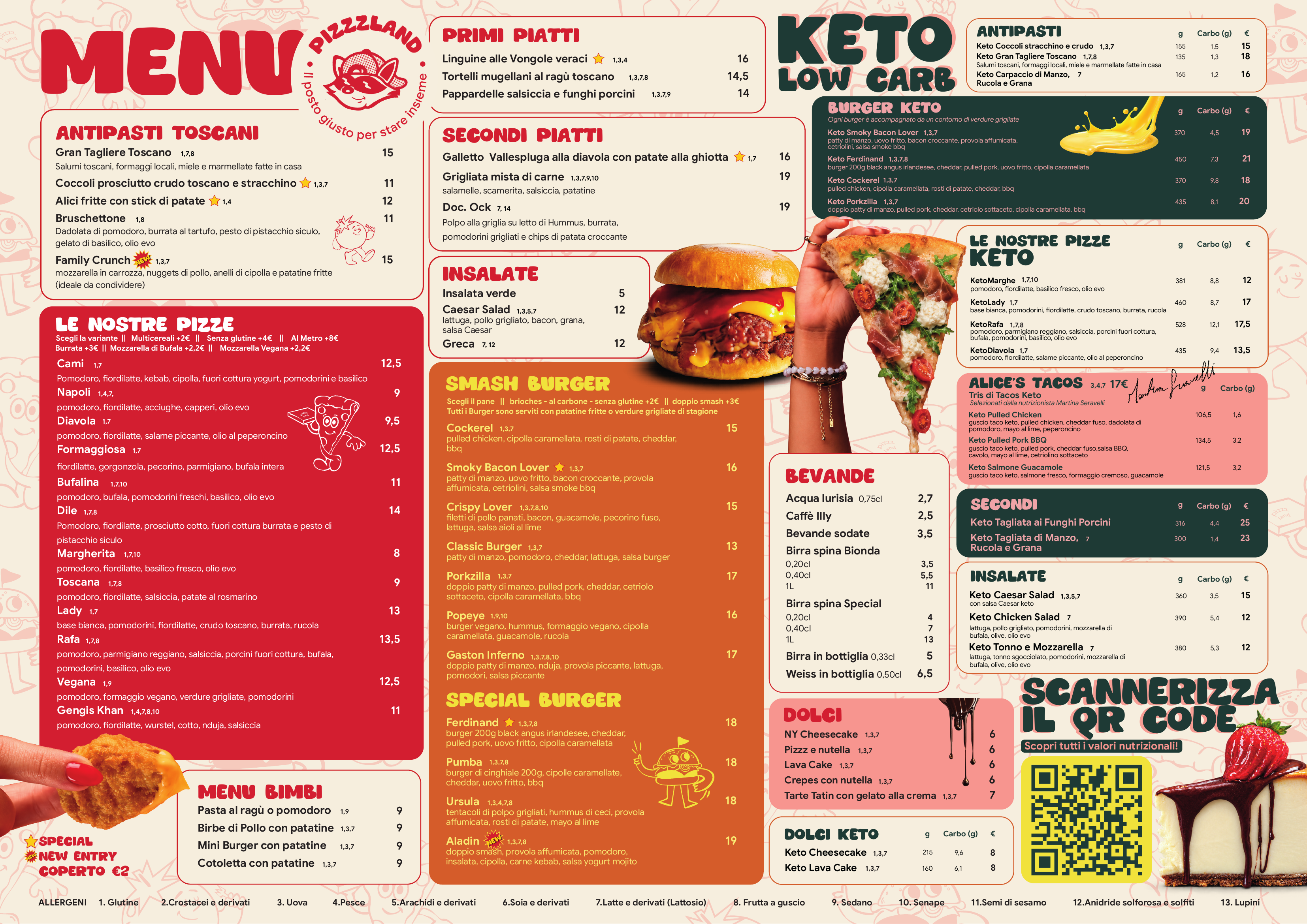 Menu Pizzzland: pizze, smash burger, aperitivi e sezione Keto Low Carb